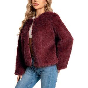Women's Faux Fuzzy Jacket Fluffy Long Sleeve Winter Coat with Pockets Claret